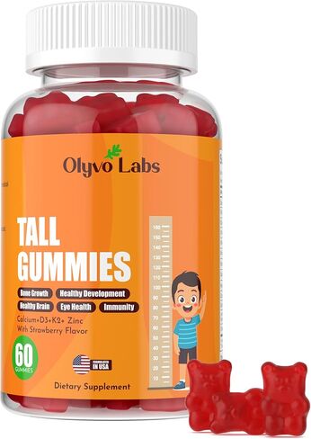 Tall Gummies for Kids Age 2+ & Teens- Tall Gummies with Calcium, Vitamin D3 + K2, Zinc, Magnesium, L-Arginine, Vitamin C for Teen Boys & Girls- Strawberry Flavour 60 Gummies in Saudi Arabia
