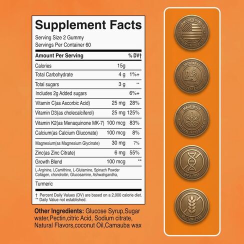 Tall Gummies for Kids Age 2+ & Teens- Tall Gummies with Calcium, Vitamin D3 + K2, Zinc, Magnesium, L-Arginine, Vitamin C for Teen Boys & Girls- Strawberry Flavour 60 Gummies in Saudi Arabia