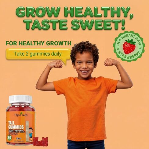 Tall Gummies for Kids Age 2+ & Teens- Tall Gummies with Calcium, Vitamin D3 + K2, Zinc, Magnesium, L-Arginine, Vitamin C for Teen Boys & Girls- Strawberry Flavour 60 Gummies in Saudi Arabia