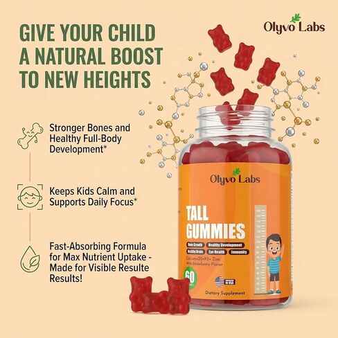 Tall Gummies for Kids Age 2+ & Teens- Tall Gummies with Calcium, Vitamin D3 + K2, Zinc, Magnesium, L-Arginine, Vitamin C for Teen Boys & Girls- Strawberry Flavour 60 Gummies in Saudi Arabia