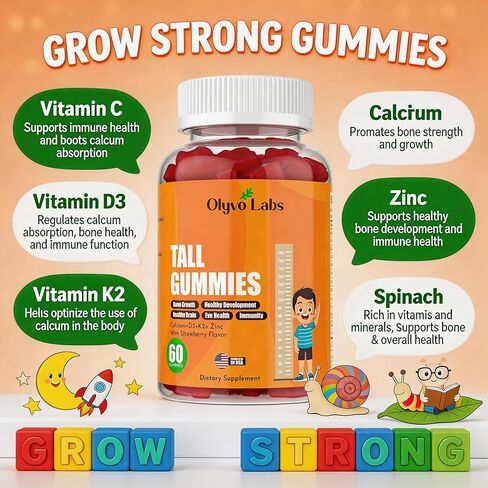 Tall Gummies for Kids Age 2+ & Teens- Tall Gummies with Calcium, Vitamin D3 + K2, Zinc, Magnesium, L-Arginine, Vitamin C for Teen Boys & Girls- Strawberry Flavour 60 Gummies in Saudi Arabia