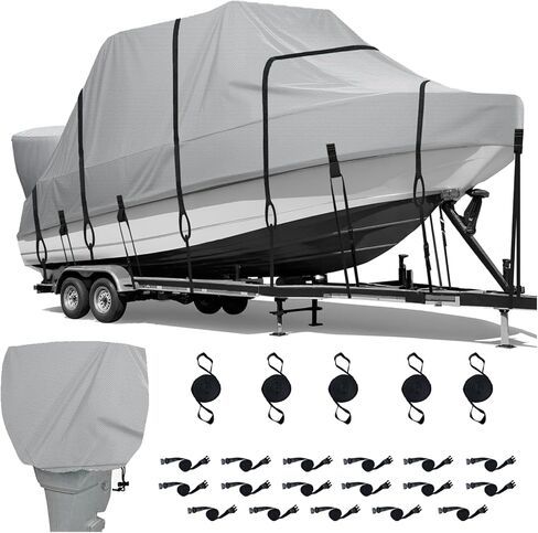 T Top Boat Cover 900D Heavy Duty Marine Grade Polyester with 2-in-1 Motor Cover & 22 Straps, 25-27ft Waterproof UV Resistant Trailerable Cover for Center Console Boat with T-top Roof in Saudi Arabia