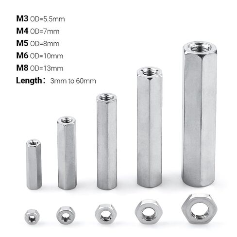 100Pcs M3 M4 M5 M6 M8 Aluminium Threaded Hex Spacers Hexagon Extend Long Coupling Nut Connector Flat Washer Gasket Stand-Off(10mm) in Saudi Arabia