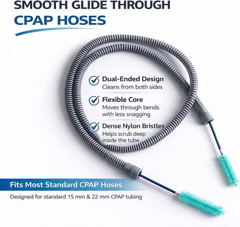 فرشاة تنظيف خرطوم CPAP - فرشاة خرطوم CPAP مزدوجة الأطراف مقاس 78.7 بوصة لأنابيب 15 مم و22 مم، فرشاة تنظيف أنبوب CPAP مع فرش تفصيلية وحقيبة تخزين شبكية in Kuwait