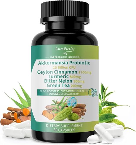 GREENPEOPLE Akkermansia Probiotics 15B CFU لوظيفة الأمعاء، 60 قيراط مكمل بروبيوتيك مع قرفة سيلان والكركم | دعم صحة الجهاز الهضمي والتمثيل الغذائي | المرأة والرجل | نباتي وخالي من الغلوتين in Kuwait