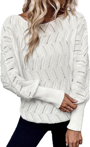 Womens Loose Fit Crew Neck Long Sleeve Solid Lightweight Knit Hollow Pullover Sweaters in Saudi Arabia