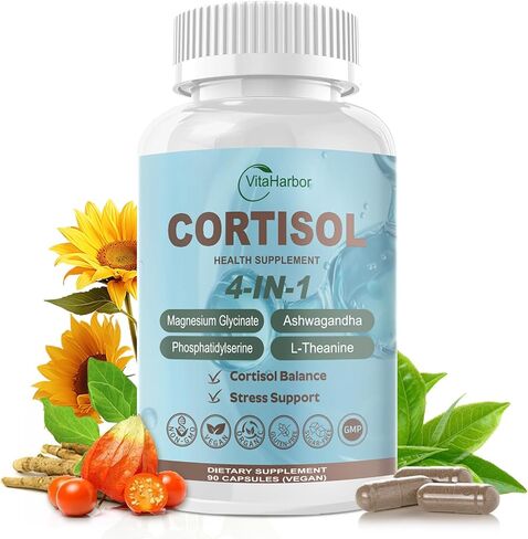 VitaHarbor Cortisol Supplement for Women and Men, 4-in-1 Cortisol Reducer with Magnesium Glycinate, Ashwagandha, Phosphatidylserine, L-Theanine, for Relaxation & Calm Support, 90 Veg Caps in Kuwait