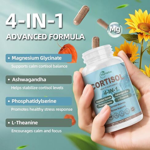 VitaHarbor Cortisol Supplement for Women and Men, 4-in-1 Cortisol Reducer with Magnesium Glycinate, Ashwagandha, Phosphatidylserine, L-Theanine, for Relaxation & Calm Support, 90 Veg Caps in Kuwait