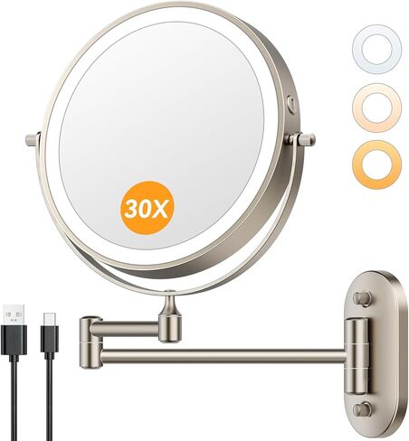 1X/30X Wall Mounted Lighted Makeup Mirror, 8" 3200 mAh Rechargeable Double-Sided Magnifying Mirror, Touch Dimmable 3 Color Lights, 360° Rotating Foldable 14.5" Extension Arm, Brushed Nickel in Kuwait
