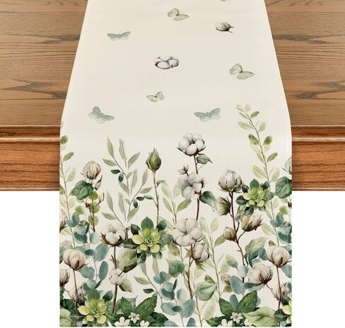 Artoid Mode Cotton Plant Leaf Butterfly 210 GSM Spring Table Runner, Seasonal Summer Kitchen Dining Table Decoration for Home Party Decor 13x72 Inch in Saudi Arabia