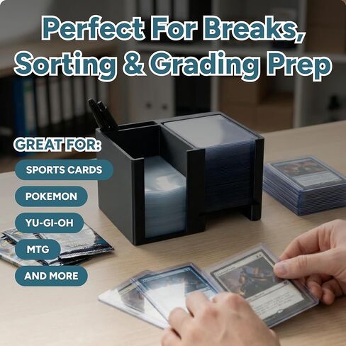 Trading Card Toploader & Penny Sleeve Station with Anti-Slip Base & Tool Storage | Dual Compartment Heavy-Duty Dispenser for Sports Cards & TCG | One-Hand Access Organizer for Card Breaks & Sorting in Kuwait