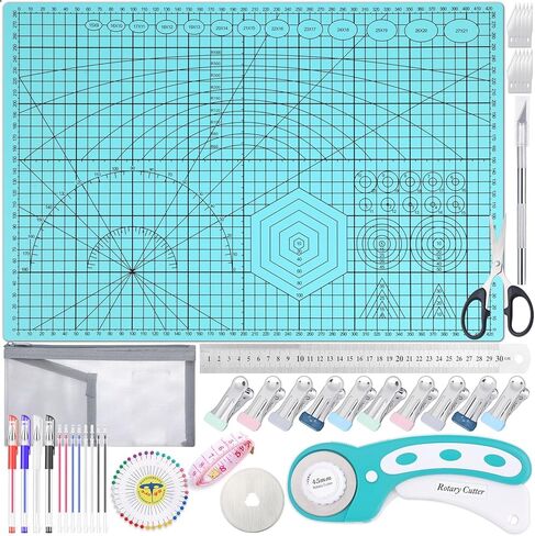Rotary Cutting Mat and Tools Set, Audab 45mm Fabric Cropping Cutter Wheel with A3 Self Healing Sewing Mat, Blades, Quilting Ruler and Clips, Crafts Knife for Shirt Cloth Patchworking Scrapbooking in Saudi Arabia