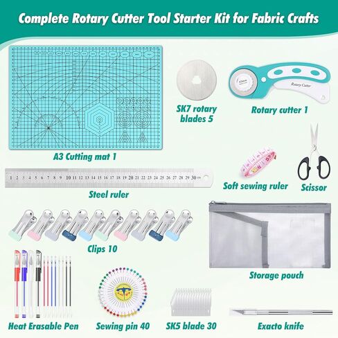 Rotary Cutting Mat and Tools Set, Audab 45mm Fabric Cropping Cutter Wheel with A3 Self Healing Sewing Mat, Blades, Quilting Ruler and Clips, Crafts Knife for Shirt Cloth Patchworking Scrapbooking in Saudi Arabia