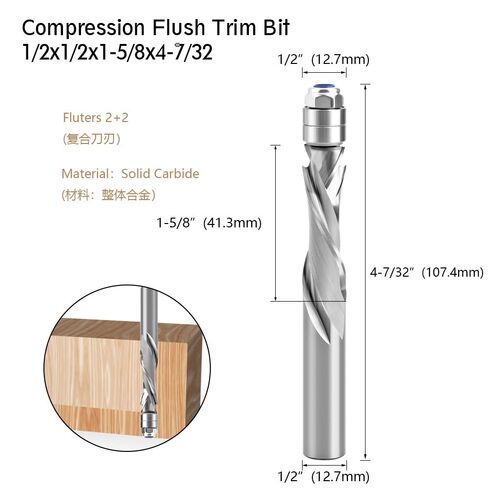 12mm 1/2" Shank Flush Trim Solid Carbide Spiral Top Bearing CNC Router Bit Compression-Cut End Mill Bit Face Wood Milling Cutter(12.7mm Shank) in Saudi Arabia
