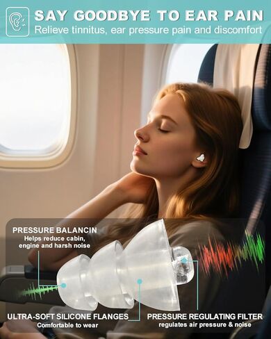 سدادات أذن لتخفيف ضغط الأذن بالطائرة - طيران غير مؤلم - سدادات أذن للسفر لتقليل الضوضاء - أساسيات السفر بالطائرة - سدادات أذن مريحة مفلترة وقابلة لإعادة الاستخدام للبالغين in Kuwait