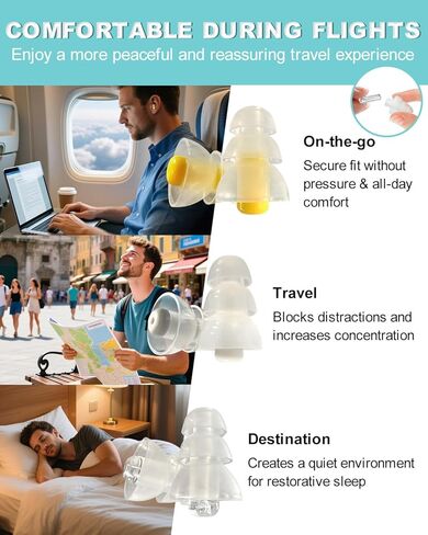سدادات أذن لتخفيف ضغط الأذن بالطائرة - طيران غير مؤلم - سدادات أذن للسفر لتقليل الضوضاء - أساسيات السفر بالطائرة - سدادات أذن مريحة مفلترة وقابلة لإعادة الاستخدام للبالغين in Kuwait