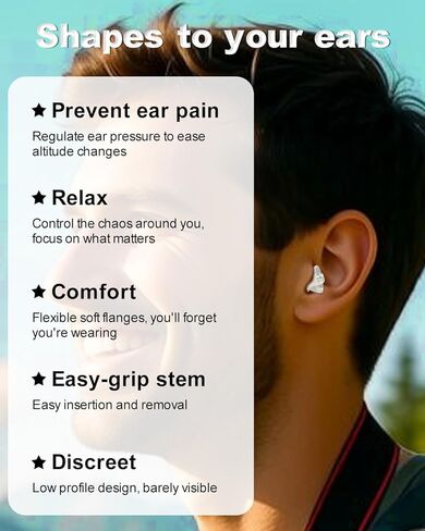 سدادات أذن لتخفيف ضغط الأذن بالطائرة - طيران غير مؤلم - سدادات أذن للسفر لتقليل الضوضاء - أساسيات السفر بالطائرة - سدادات أذن مريحة مفلترة وقابلة لإعادة الاستخدام للبالغين in Kuwait