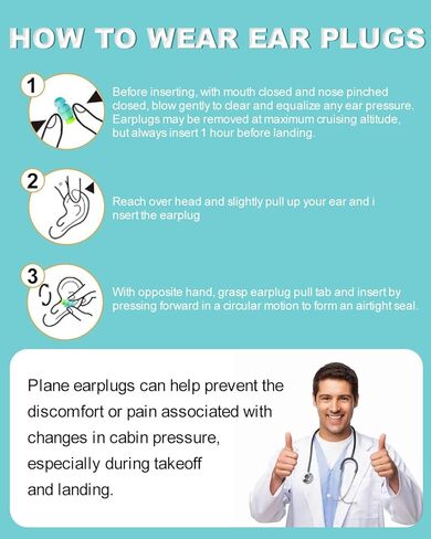 سدادات أذن لتخفيف ضغط الأذن بالطائرة - طيران غير مؤلم - سدادات أذن للسفر لتقليل الضوضاء - أساسيات السفر بالطائرة - سدادات أذن مريحة مفلترة وقابلة لإعادة الاستخدام للبالغين in Kuwait