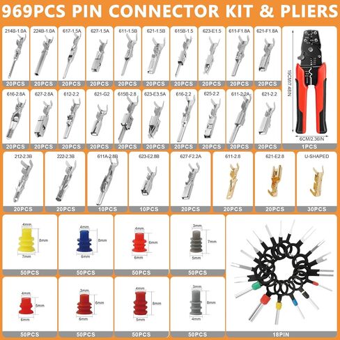 969Pcs Automotive Pin Connectors Kit,28 Types Electrical Terminal Pins Kit with Crimp Tool Male&Female Wire Connector Terminal Wire Harness 1/1.5/1.8/2.2/2.3/2.8/3.5mm (969PCS Pin Kit & Crimp Tool) in Kuwait