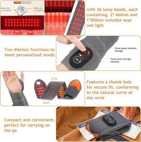 Red Light Therapy for Wrist,Portable 660nm/850nm 36 Red Light Beads Red Light Therapy for Hands with Three-Level Light Adjustment Function and Vibration Massage Effect,Therawrap for Carpal Tunnel in Saudi Arabia