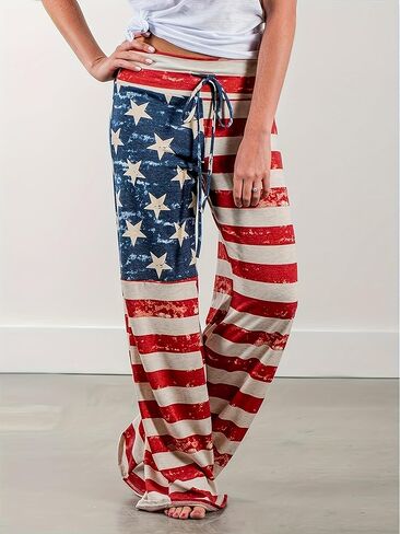 Plus Size Women's Fashion Wide Leg Elastic Yoga Pants Ladies Loose Casual Drawstring American Flag Print Pants Trousers in Saudi Arabia