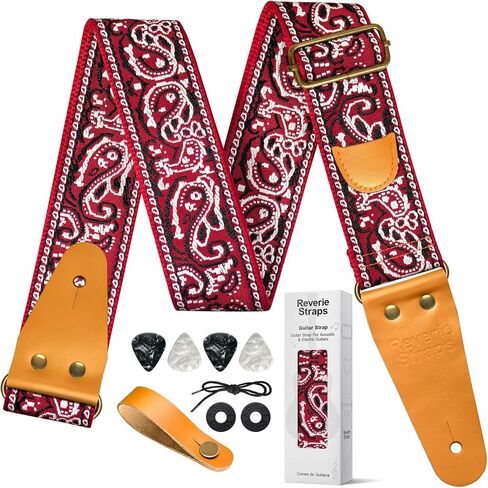 Guitar Strap, genuine leather ends, vintage embroidered cotton strap, adjustable in Saudi Arabia