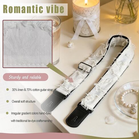 Guitar Strap, off-white individualistic freedom fringe Cotton Guitar Strap with leather at both ends for bass, electric and acoustic guitars, comes with two strap anti-slip pads in Saudi Arabia