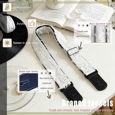 Guitar Strap, off-white individualistic freedom fringe Cotton Guitar Strap with leather at both ends for bass, electric and acoustic guitars, comes with two strap anti-slip pads in Saudi Arabia