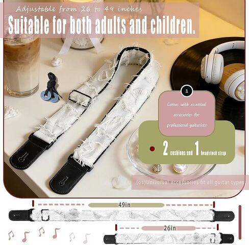 Guitar Strap, off-white individualistic freedom fringe Cotton Guitar Strap with leather at both ends for bass, electric and acoustic guitars, comes with two strap anti-slip pads in Saudi Arabia