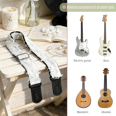 Guitar Strap, off-white individualistic freedom fringe Cotton Guitar Strap with leather at both ends for bass, electric and acoustic guitars, comes with two strap anti-slip pads in Saudi Arabia