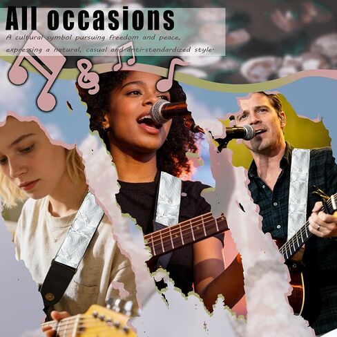 Guitar Strap, off-white individualistic freedom fringe Cotton Guitar Strap with leather at both ends for bass, electric and acoustic guitars, comes with two strap anti-slip pads in Saudi Arabia