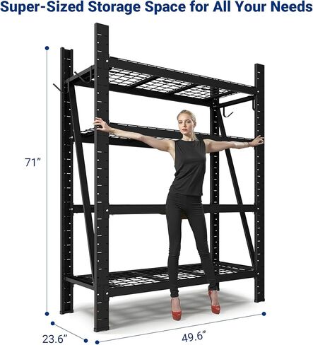 FLEXIMOUNTS Garage Shelving Heavy Duty, 49.6" W 4-Tier 10000LBS Industrial Shelving Unit with 4 Hooks, Adjustable Storage Shelves for Garage, Basement, Warehouse, 71" H x 49.6" W x 23.6" D in Kuwait