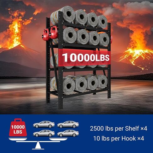 FLEXIMOUNTS Garage Shelving Heavy Duty, 49.6" W 4-Tier 10000LBS Industrial Shelving Unit with 4 Hooks, Adjustable Storage Shelves for Garage, Basement, Warehouse, 71" H x 49.6" W x 23.6" D in Kuwait