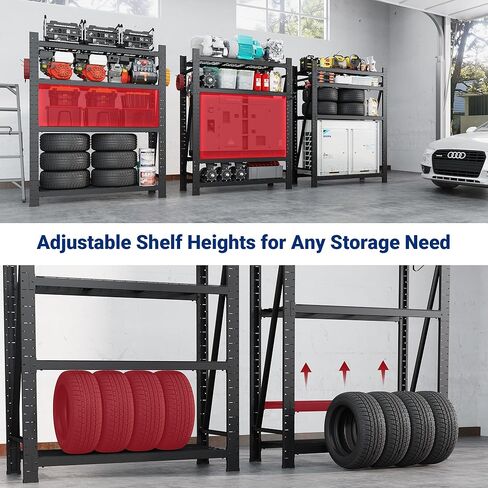 FLEXIMOUNTS Garage Shelving Heavy Duty, 49.6" W 4-Tier 10000LBS Industrial Shelving Unit with 4 Hooks, Adjustable Storage Shelves for Garage, Basement, Warehouse, 71" H x 49.6" W x 23.6" D in Kuwait
