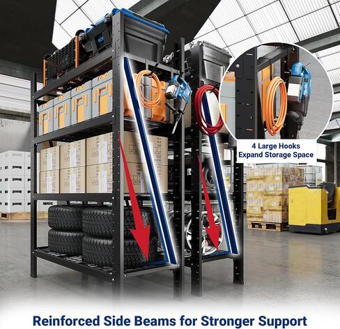 FLEXIMOUNTS Garage Shelving Heavy Duty, 49.6" W 4-Tier 10000LBS Industrial Shelving Unit with 4 Hooks, Adjustable Storage Shelves for Garage, Basement, Warehouse, 71" H x 49.6" W x 23.6" D in Kuwait