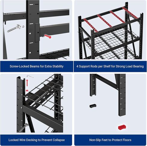 FLEXIMOUNTS Garage Shelving Heavy Duty, 49.6" W 4-Tier 10000LBS Industrial Shelving Unit with 4 Hooks, Adjustable Storage Shelves for Garage, Basement, Warehouse, 71" H x 49.6" W x 23.6" D in Kuwait