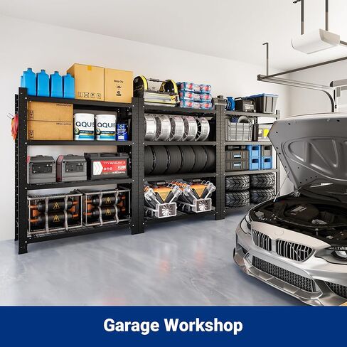 FLEXIMOUNTS Garage Shelving Heavy Duty, 49.6" W 4-Tier 10000LBS Industrial Shelving Unit with 4 Hooks, Adjustable Storage Shelves for Garage, Basement, Warehouse, 71" H x 49.6" W x 23.6" D in Kuwait