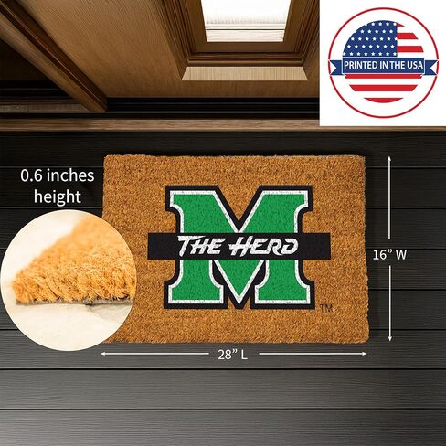 NCAA Marshall University Coir Door Mat, Indoor and Outdoor Entryway, 28 x 16 Inches Non Slip Back Welcome Floor Mats for Muddy Dog Paws, Weather-Resistant Front Door Entrance Home Décor in Saudi Arabia