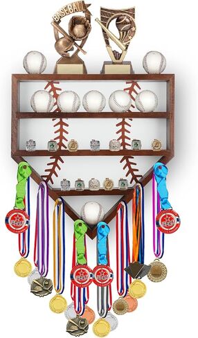 حافظة عرض بيسبول مقاس 17 بوصة مع حامل حلقة بيسبول، حامل حامل بيسبول، حافظة عرض ميدالية خشبية مثبتة على الحائط للكرات والميداليات والجوائز والخواتم، بني in Kuwait