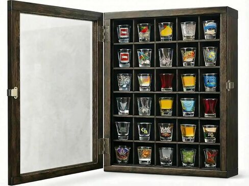 حافظة عرض زجاجية مثبتة على الحائط، حامل زجاجي مزود بـ 30 فتحة، خشب الزان مع باب زجاجي أكريليك للحماية من الأشعة فوق البنفسجية، حقيبة تخزين زجاجية، رف (30 فتحة) in Kuwait