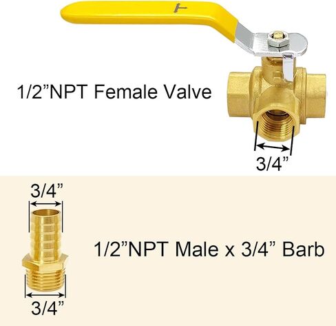 Joywayus Brass 3 Way (T-Port) 1/2" NPT Ball Valve with 3/4" Hose Barb Anti-Rust Forged Brass Shut Off Valve Fitting with Lever Handle in Saudi Arabia