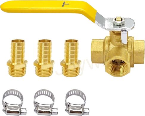 Joywayus Brass 3 Way (T-Port) 1/2" NPT Ball Valve with 3/4" Hose Barb Anti-Rust Forged Brass Shut Off Valve Fitting with Lever Handle in Saudi Arabia