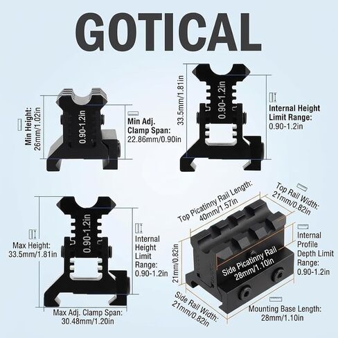 Gotical Picatinny Riser Mount Adjustable Height Lockdown Series with Quick Release, 1.57", Raise 0.9-1.2 inches, Scalloped Picatinny Slots for Scopes in Saudi Arabia