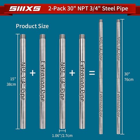 2-Pack 3/4"X30" Heavy Duty Metal Pipe with stardard NPT 3/4" thread Fit for Pipe Clamps in Kuwait