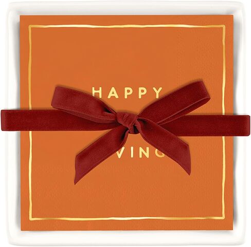 Santa Barbara Design Studio Thanksgiving Cocktail Paper Napkins and Ceramic Napkin Holder Tray Gift Set, 5.75" Square, Thankful in Saudi Arabia