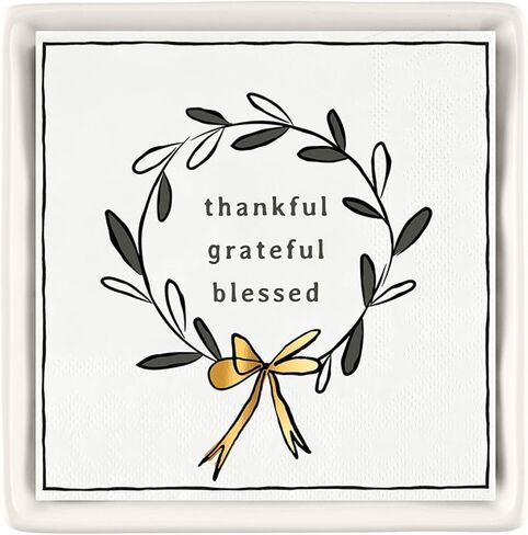 Santa Barbara Design Studio Thanksgiving Cocktail Paper Napkins and Ceramic Napkin Holder Tray Gift Set, 5.75" Square, Thankful in Saudi Arabia