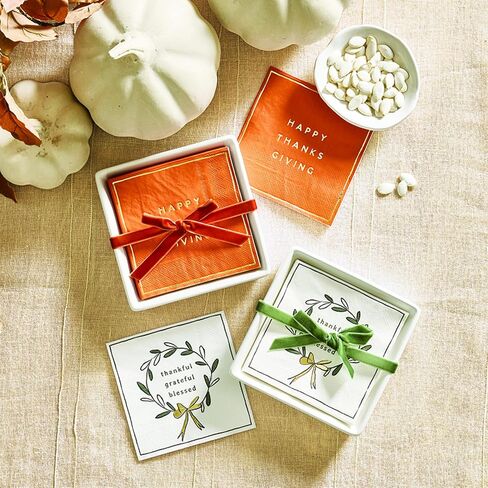 Santa Barbara Design Studio Thanksgiving Cocktail Paper Napkins and Ceramic Napkin Holder Tray Gift Set, 5.75" Square, Thankful in Saudi Arabia