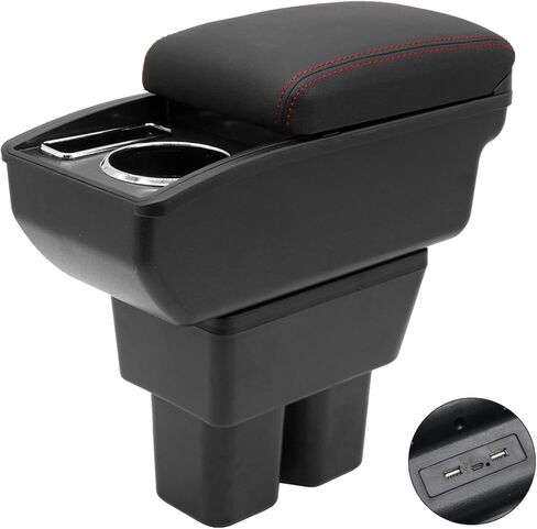 صندوق تخزين مسند ذراع السيارة YJYWZH لسوزوكي جيمي 2018-2024 منظم وحدة التحكم المركزية للسيارة بطبقة مزدوجة مع 6 منافذ USB وحامل أكواب ملحقات السيارة الداخلية (خيط أسود) in Kuwait