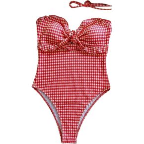 GORGLITTER Women's Cutout Tie Knot Bandeau One Piece Swimsuits Gingham Ruffle Trim Sleeveless Strapless Bathing Suits in Kuwait