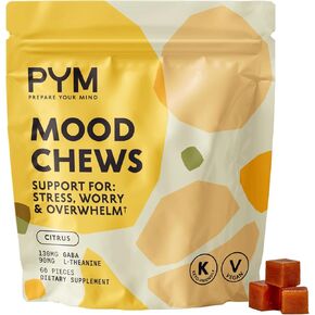 PYM Berry Mood Chews يدعم التوتر والقلق والإرهاق، 60 قطعة | 130 مجم جابا، 90 مجم إل-ثيانين | نباتي، غير معدّل وراثيًا، خالي من الغلوتين، بدون سكر مضاف | مكمل توازن المزاج الطبيعي بالكامل في حقيبة قابلة للإغلاق in Kuwait
